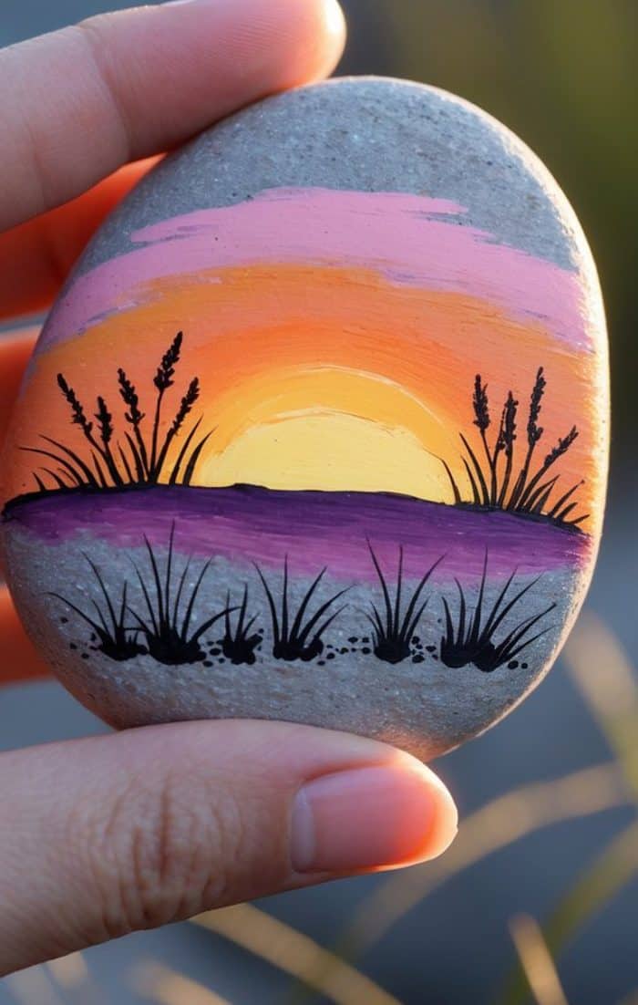 A hand holds a smooth rock painted with a colorful sunset scene, featuring a yellow sun, orange and purple sky, and black silhouettes of grasses and plants in the foreground.