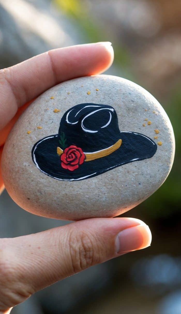 A hand holds a smooth stone painted with a black hat, a yellow band, a red rose, and small yellow dots on a light background.