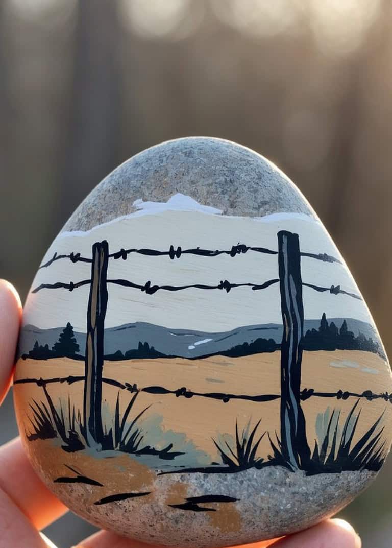 A hand holds a smooth stone painted with a landscape of a barbed wire fence, golden fields, grass, and distant hills under a soft, cloudy sky. The background is softly blurred.