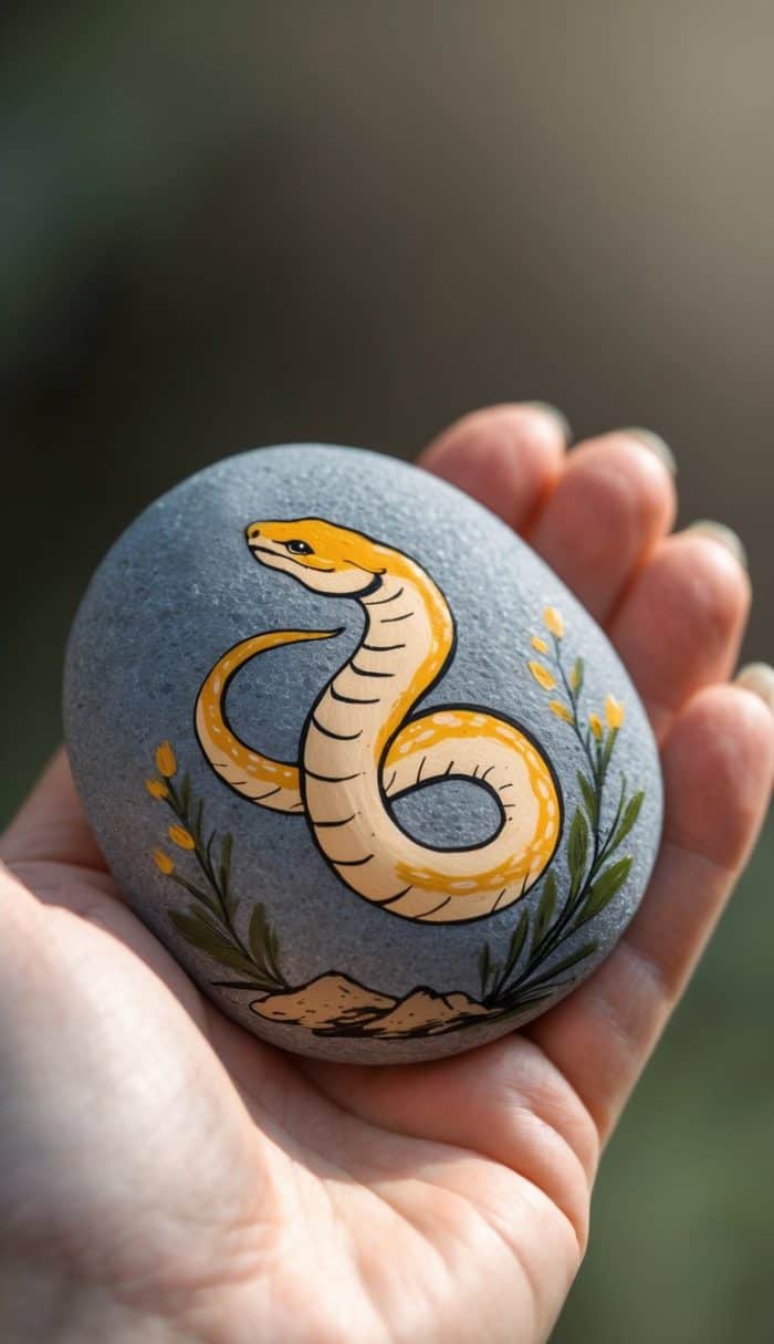 A hand holds a smooth gray stone painted with a coiled yellow snake surrounded by small yellow flowers and green leaves. The background is softly blurred.