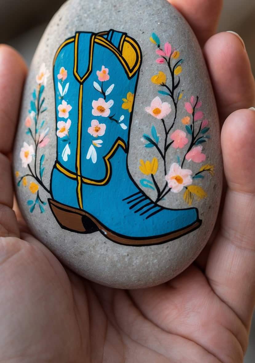 A hand holds a smooth stone painted with a blue cowboy boot decorated with colorful flowers and surrounded by floral designs.