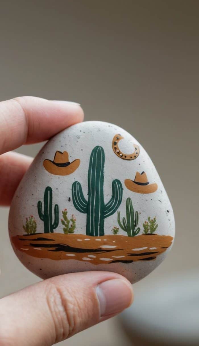 A hand holds a painted stone featuring green cacti, small plants, two cowboy hats, and a horseshoe on a desert landscape, all illustrated in earthy tones.