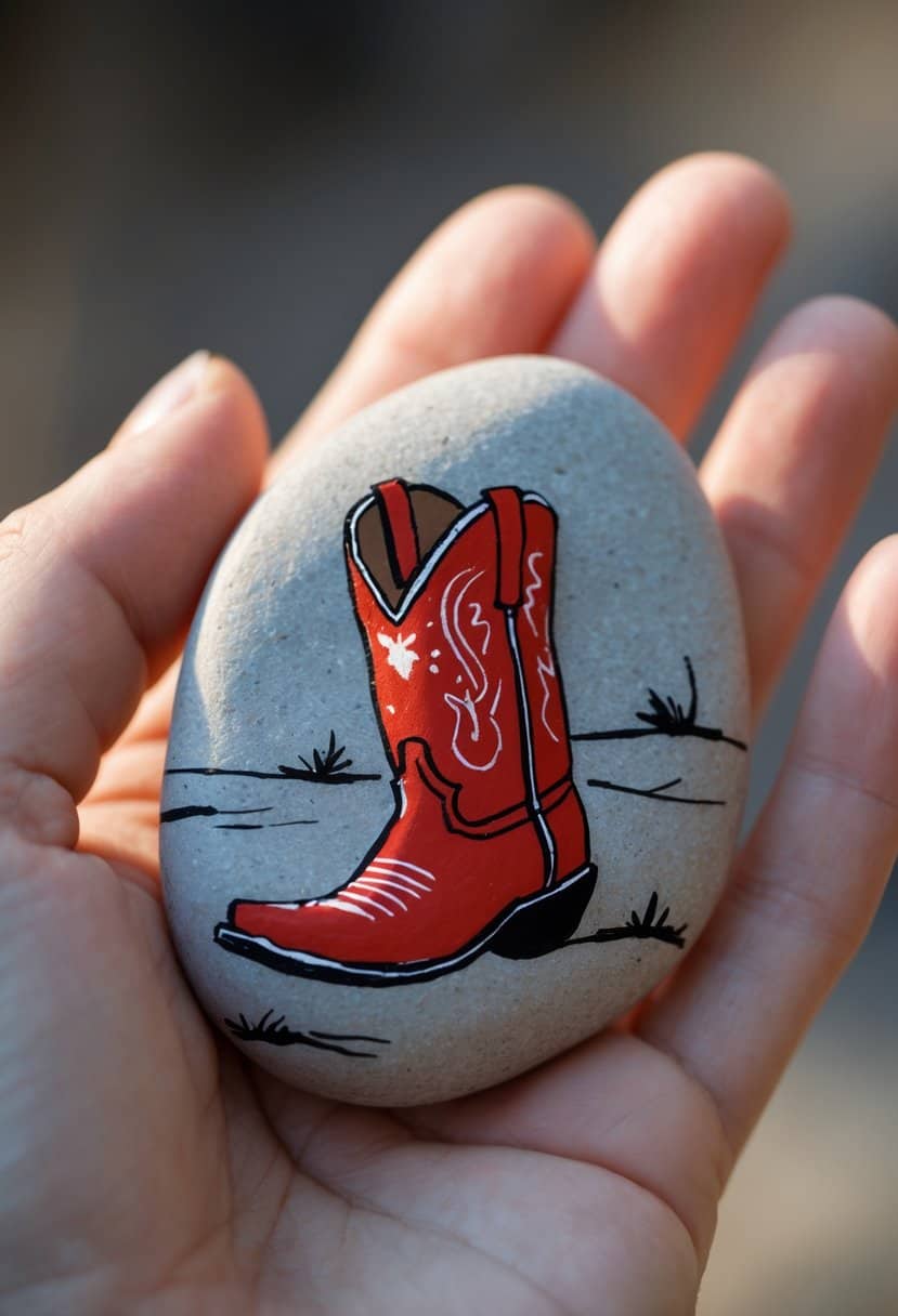 A hand holding a smooth stone painted with a red cowboy boot and simple black grass details on a light background.