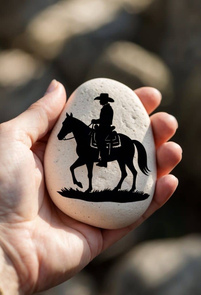 A hand holds a smooth stone featuring a black silhouette of a cowboy wearing a hat and riding a horse, with grass beneath the horse's hooves.
