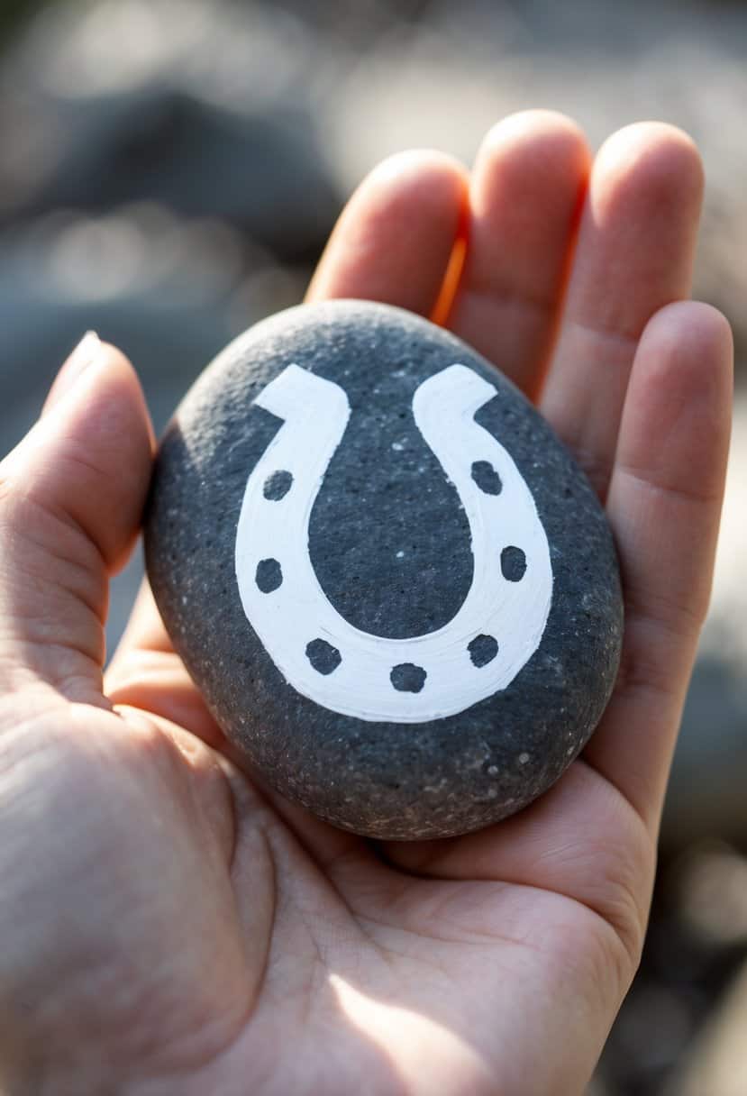 A hand holds a smooth gray stone painted with a white horseshoe symbol. The background is blurred.