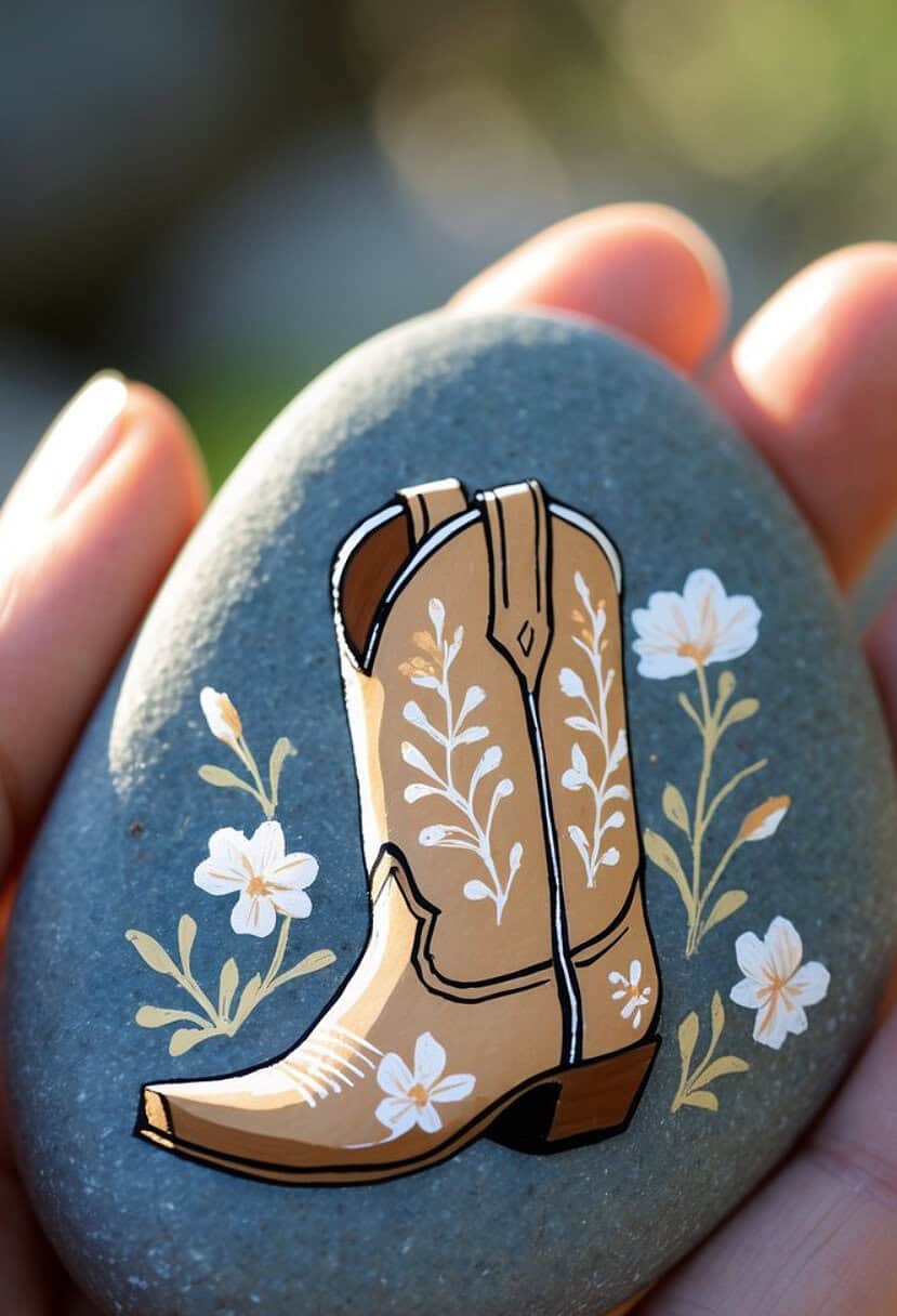 A hand holds a smooth gray stone painted with a tan cowboy boot decorated with white floral patterns, surrounded by small white and yellow flowers.