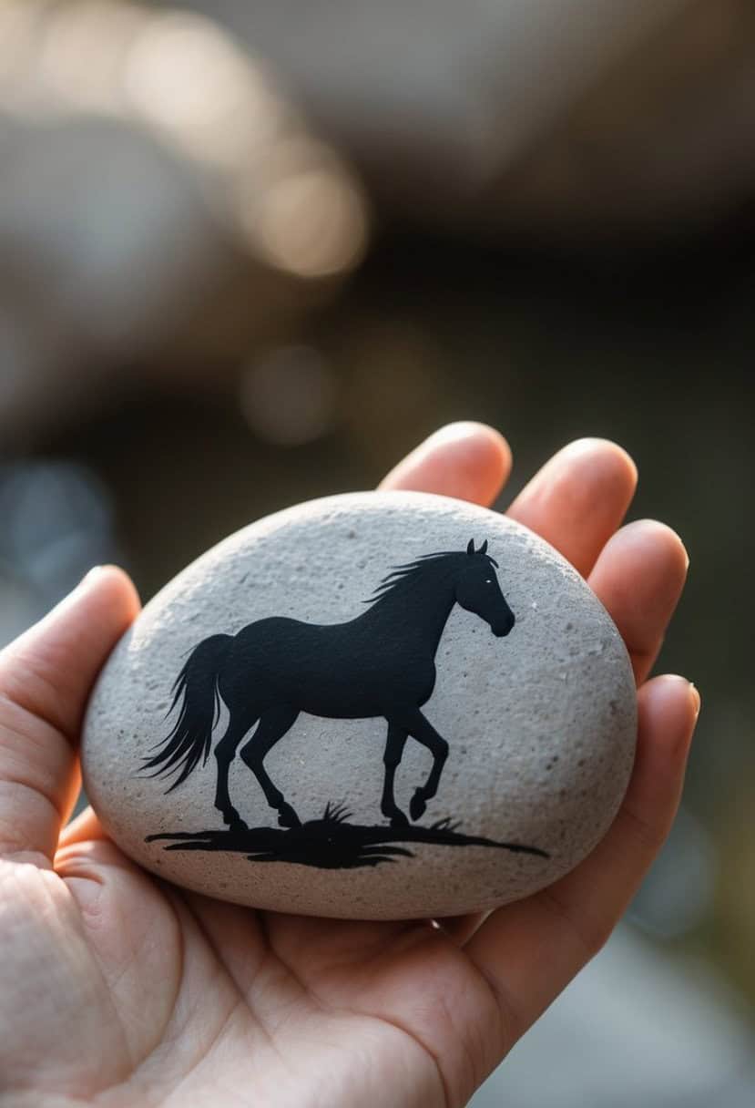 A hand holds a smooth stone with a black silhouette of a running horse painted on its surface, with a blurred natural background.