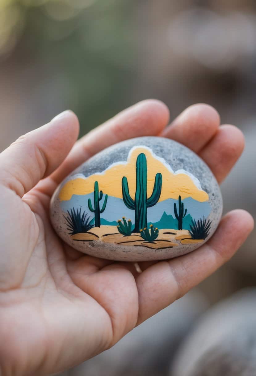 A hand holds a smooth stone painted with a desert scene, featuring green cacti, yellow clouds, and sandy terrain.