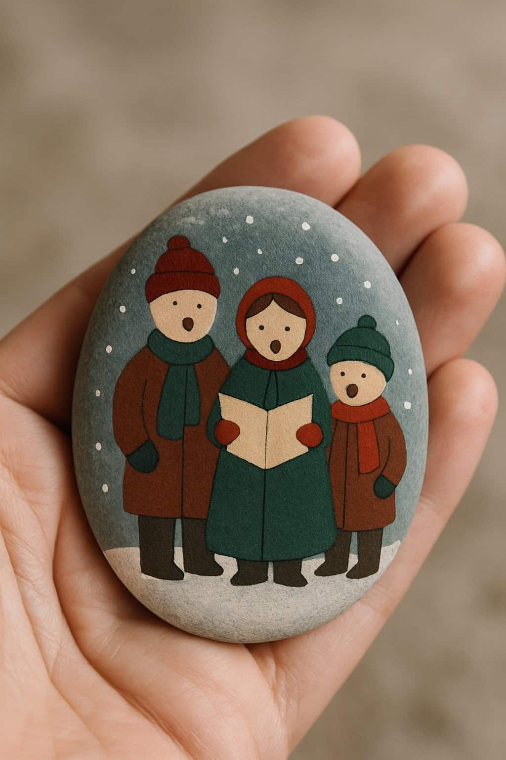A hand holds an oval stone painted with three cartoon carolers in winter clothing, standing in the snow and singing. One holds an open songbook as snowflakes fall in the background.