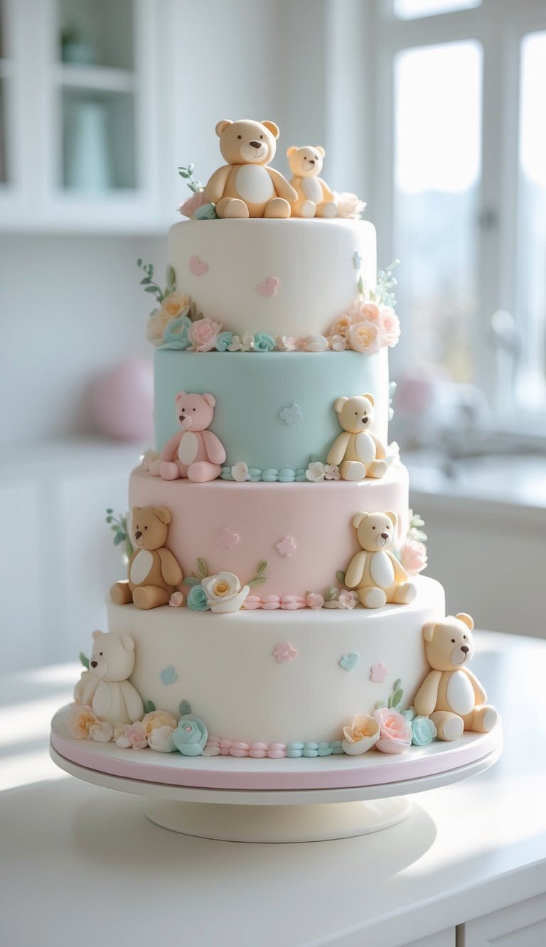 A four-tiered pastel cake decorated with fondant teddy bears, pink and blue roses, and small hearts, displayed in a bright kitchen setting.