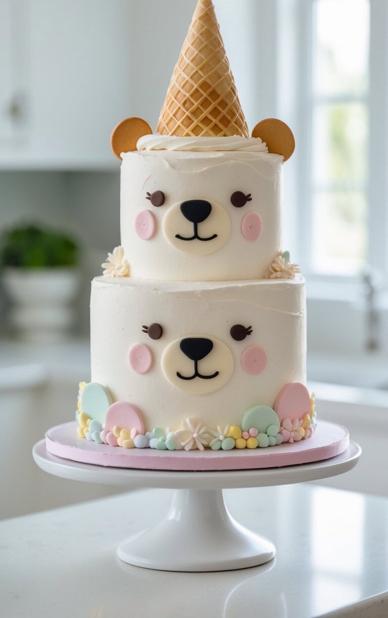 A two-tiered cake decorated as a cute bear face, with an ice cream cone as a horn, cookie ears, and pastel-colored candies and flowers around the base, displayed on a white cake stand in a bright kitchen.
