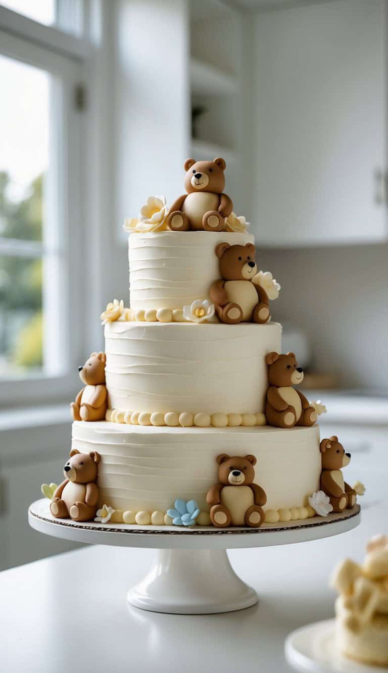 A three-tiered white cake decorated with small fondant teddy bears and yellow flowers, displayed on a cake stand in a bright kitchen.