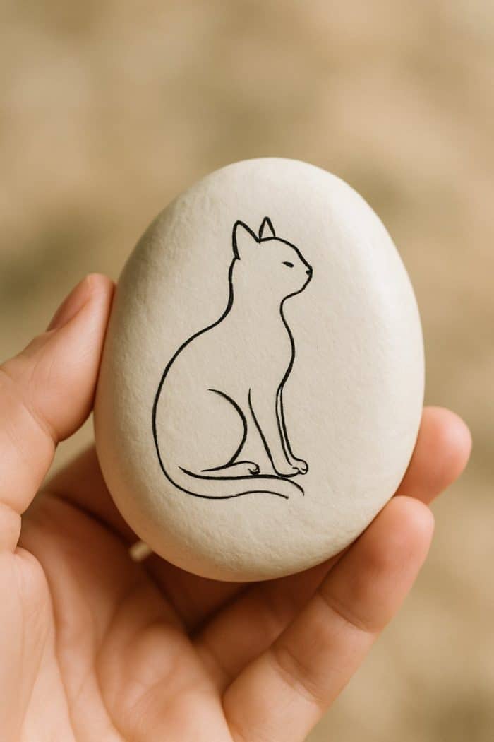 A hand holding a smooth white stone with a simple black line drawing of a sitting cat on its surface.