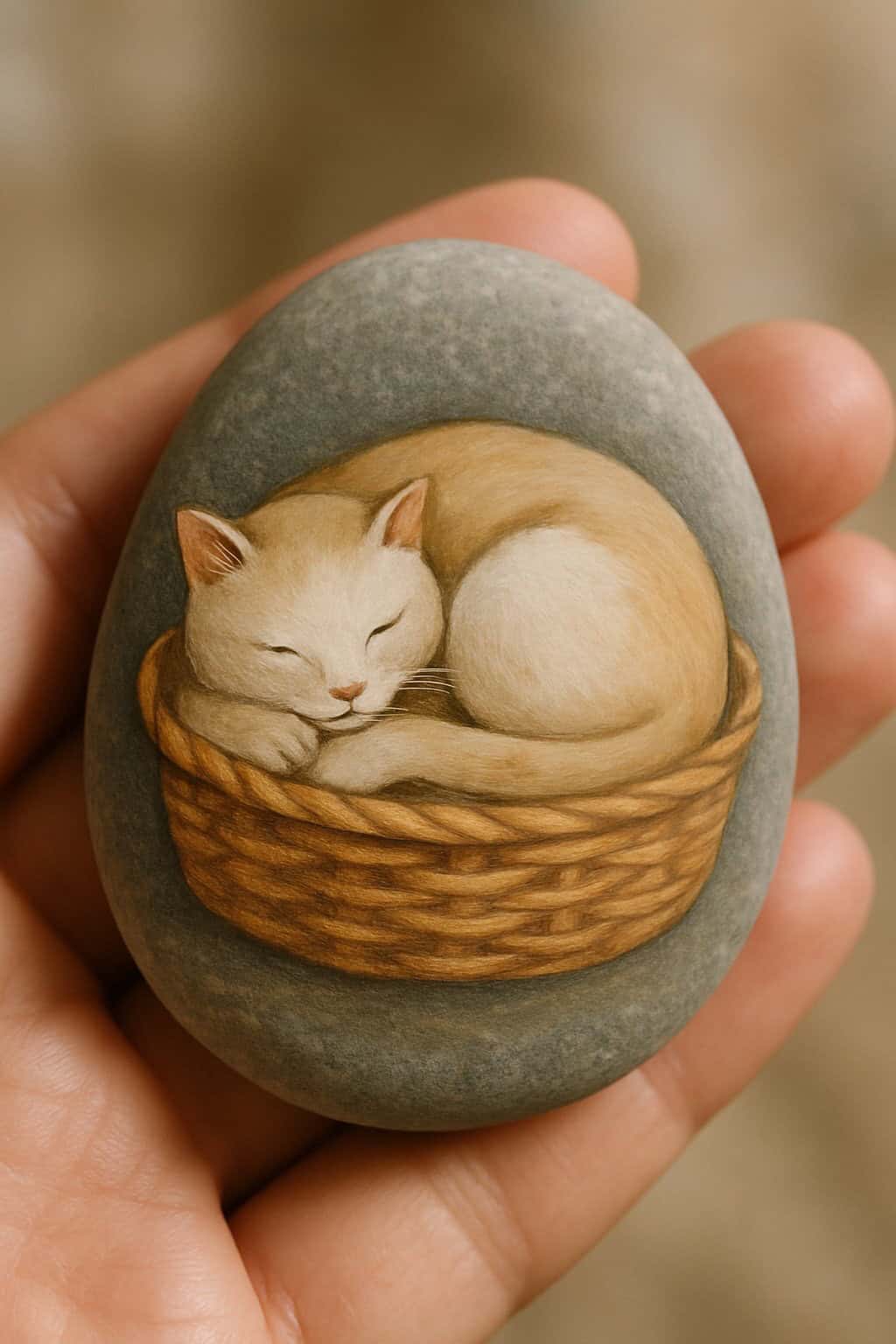 A hand holds a smooth stone painted with a realistic image of a cream-colored cat curled up and sleeping in a brown wicker basket.