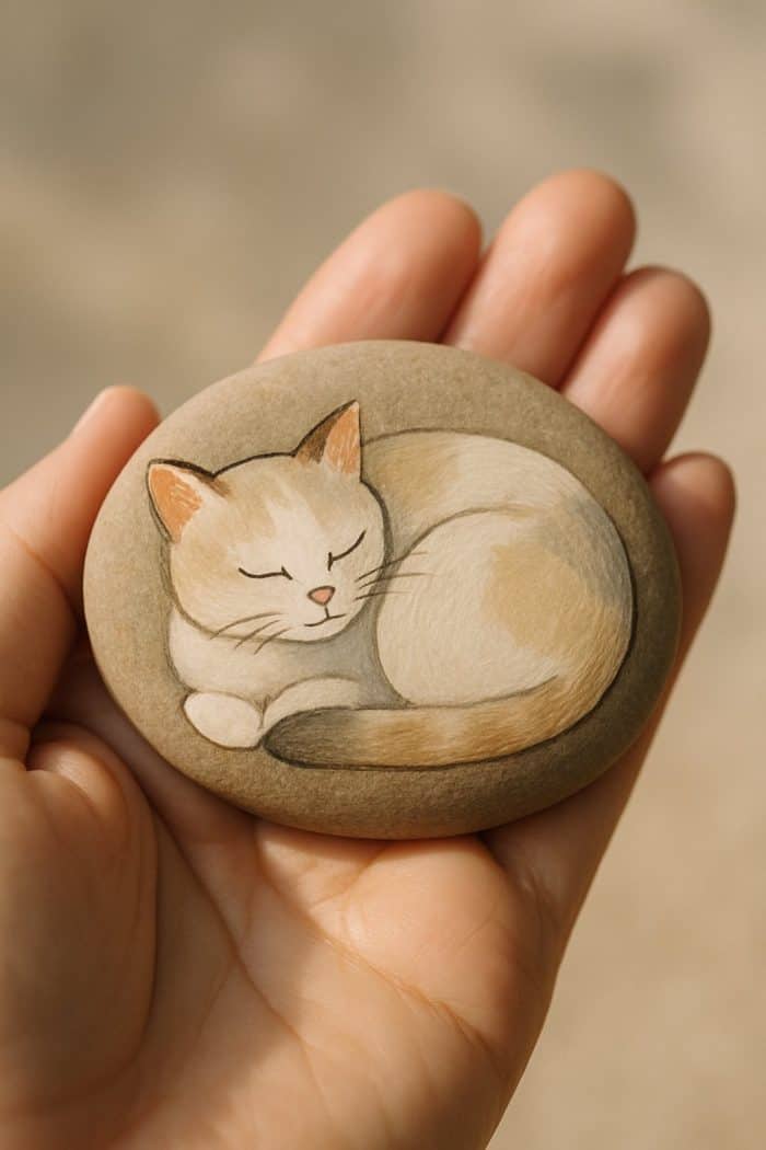 A hand holds a smooth stone painted with a curled-up, sleeping cream-colored cat with brown markings. The background is softly blurred.