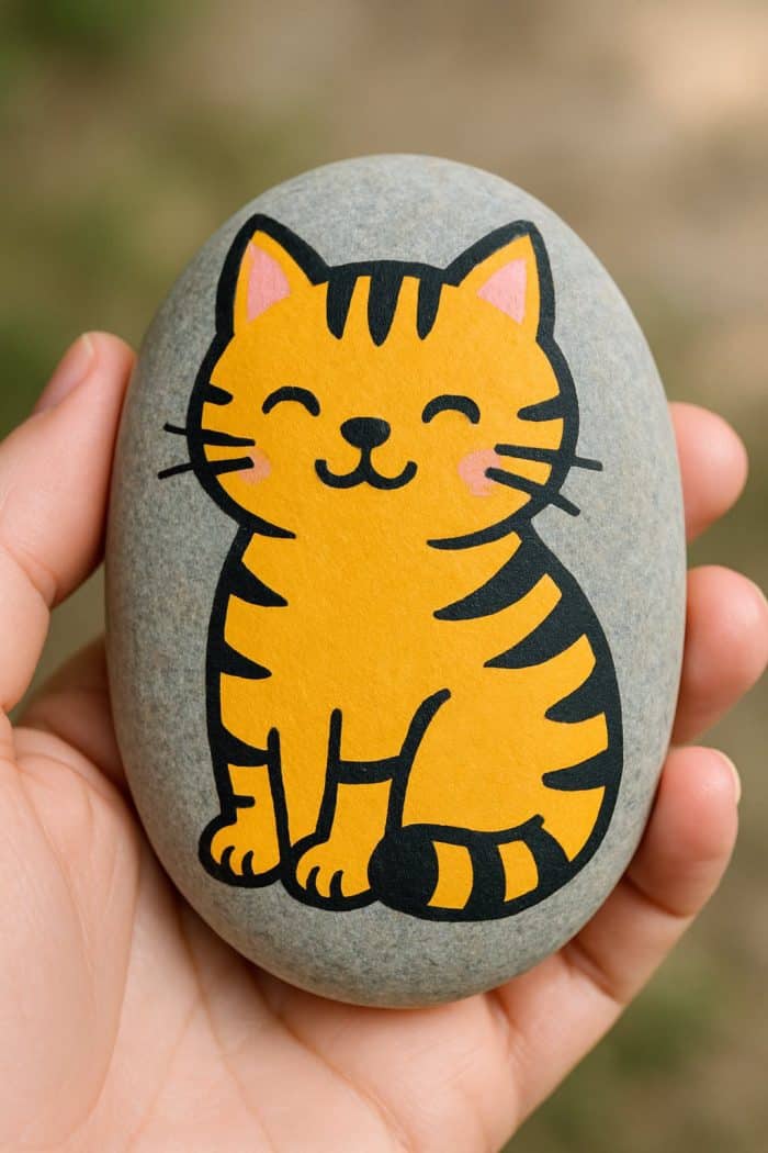 A hand holds a smooth gray stone painted with a cute, smiling orange cat with black stripes and pink cheeks. The background is blurred outdoors.