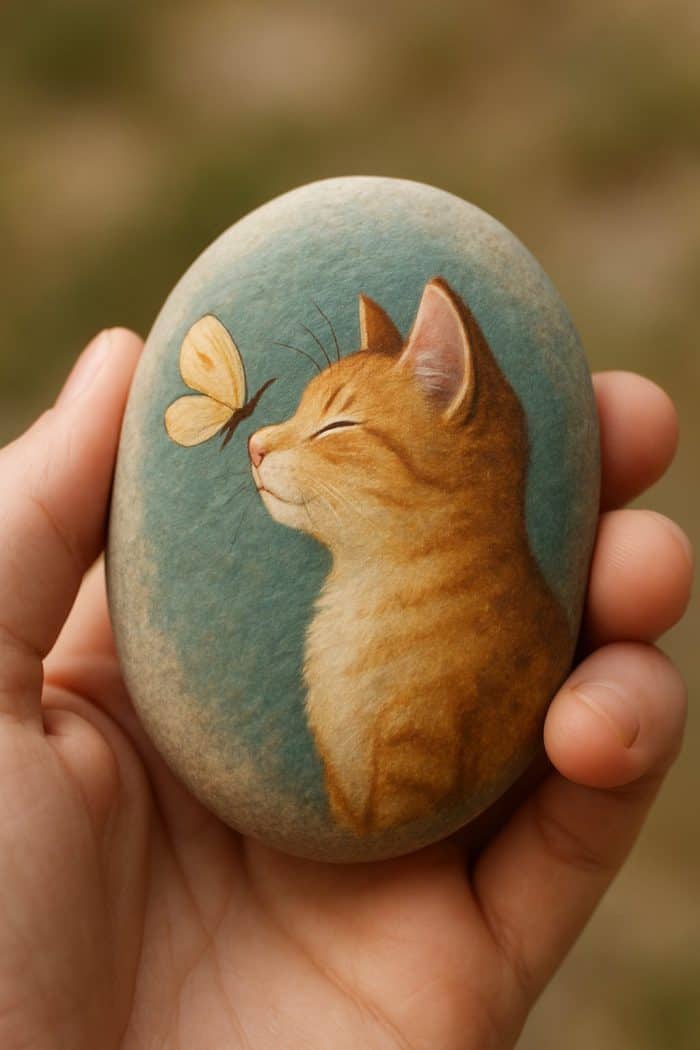 A hand holds a smooth stone painted with a realistic image of an orange cat smiling at a yellow butterfly, set against a blue-green background.