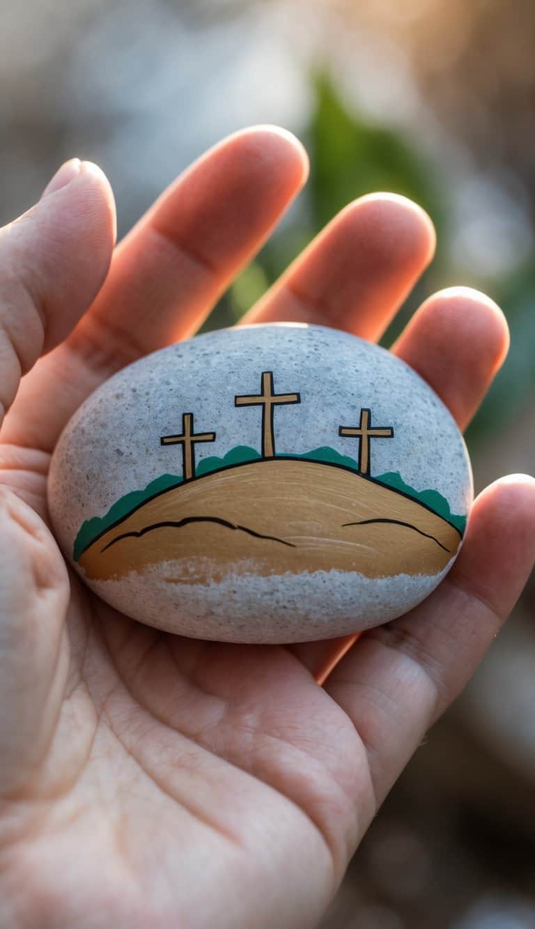 A hand holds a smooth stone painted with three crosses on a hill, symbolizing the crucifixion scene from Christianity. The background is softly blurred, highlighting the decorated stone.