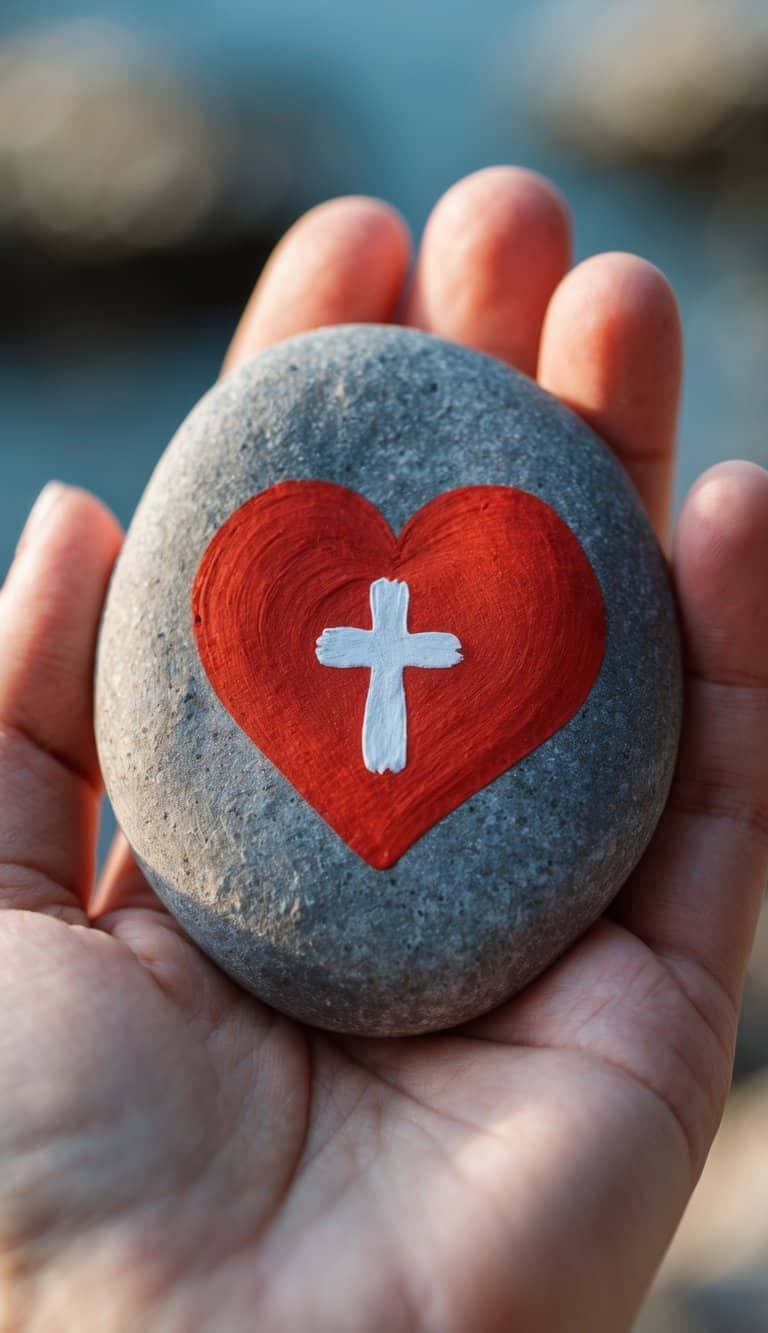 A hand holding a smooth gray stone painted with a red heart and a white cross in the center of the heart, with a blurred background.