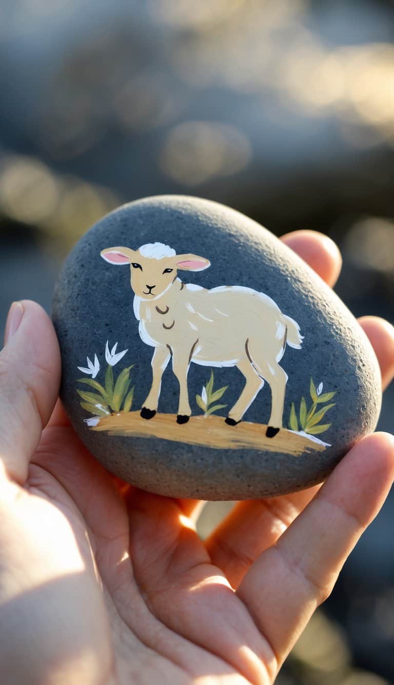 A hand holds a smooth stone painted with a cute, light brown lamb standing on grass, surrounded by small green plants and white flowers.