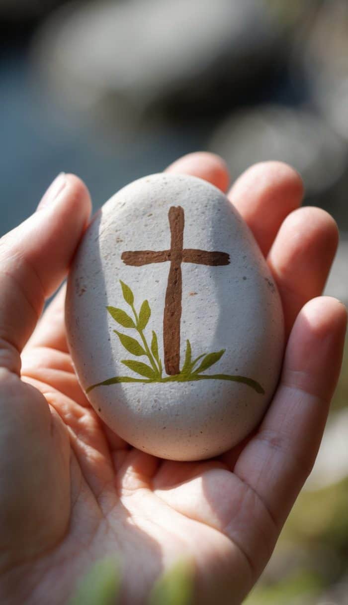 A hand holds a smooth stone painted with a brown cross and green leaves, symbolizing Christianity and new life. The background is softly blurred.