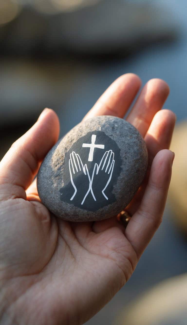 A hand holds a smooth stone with white illustrations of two praying hands and a cross on its surface, with a softly blurred outdoor background.