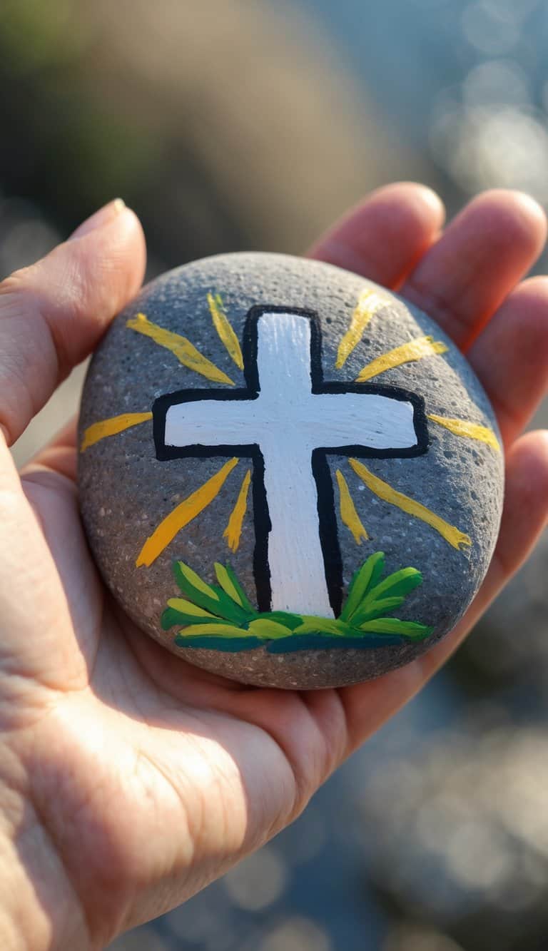 A hand holds a smooth stone painted with a white cross, yellow rays, and green grass, symbolizing faith and hope.