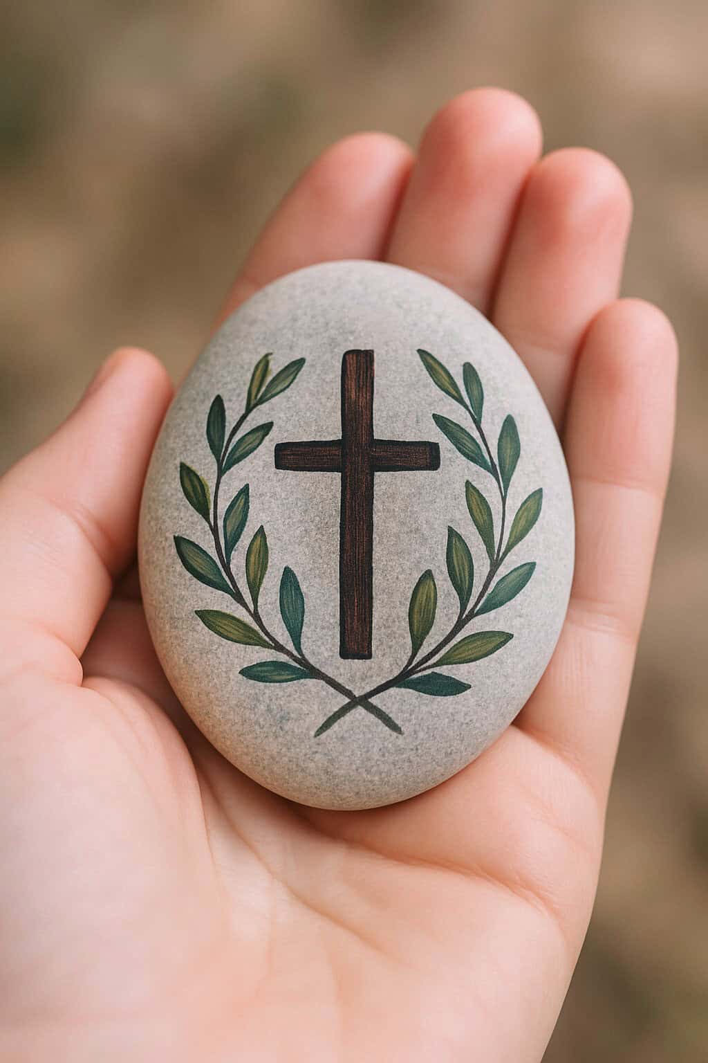 A hand holds a smooth, light-colored stone painted with a dark brown cross surrounded by green leafy branches.