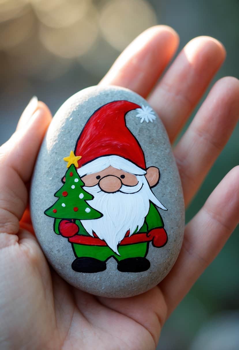 A hand holds a smooth stone painted with a cartoon gnome wearing a red hat and green outfit, holding a decorated Christmas tree with a yellow star on top.
