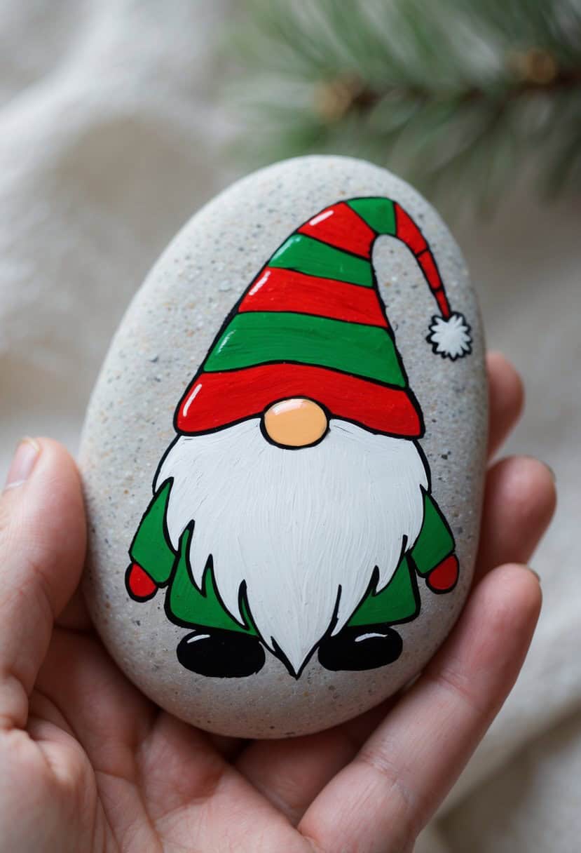 A hand holds a smooth stone painted with a festive gnome wearing a red and green striped hat, green clothes, and a white beard. A soft pine branch and white fabric are in the blurred background.