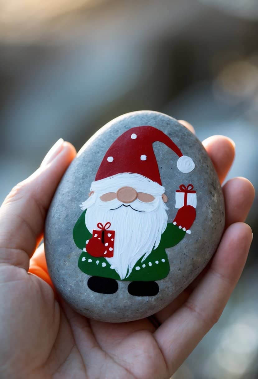 A hand holds a smooth, oval stone painted with a festive Santa Claus wearing a red hat and green coat, holding two red-and-white wrapped presents. The background is softly blurred.