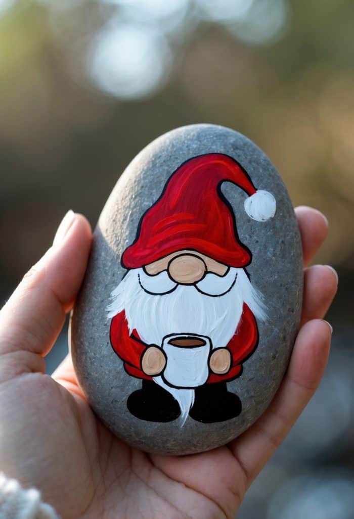 A hand holds a smooth stone painted with a gnome wearing a red hat and coat, holding a white mug. The background is softly blurred.