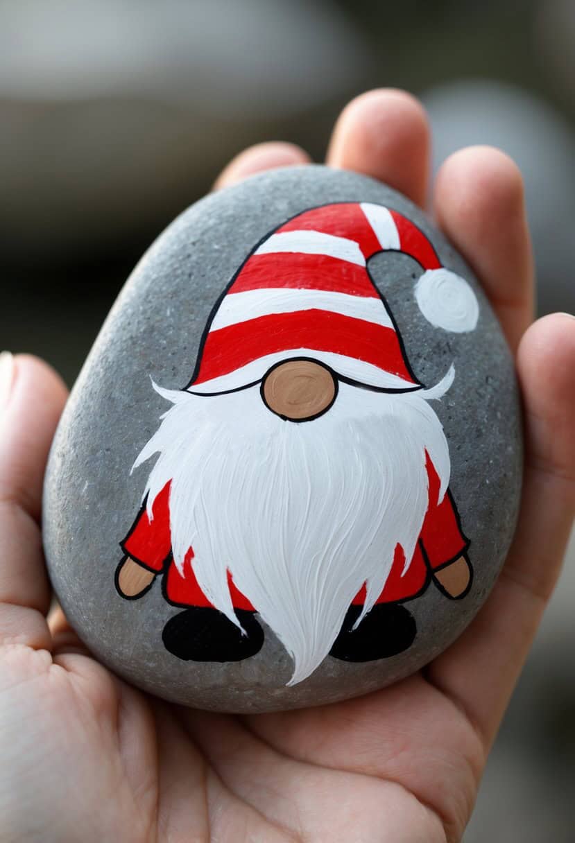 A hand holds a smooth stone painted with a festive gnome wearing a red and white striped hat, red coat, and sporting a long white beard.