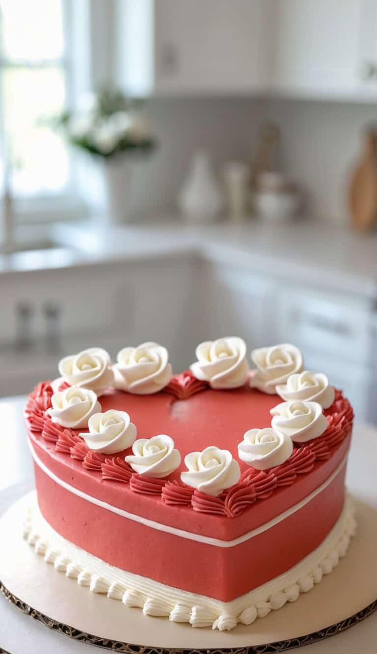 A heart-shaped cake with red and white icing, decorated with white rose-shaped frosting on top, sits on a kitchen counter in a bright, modern kitchen.