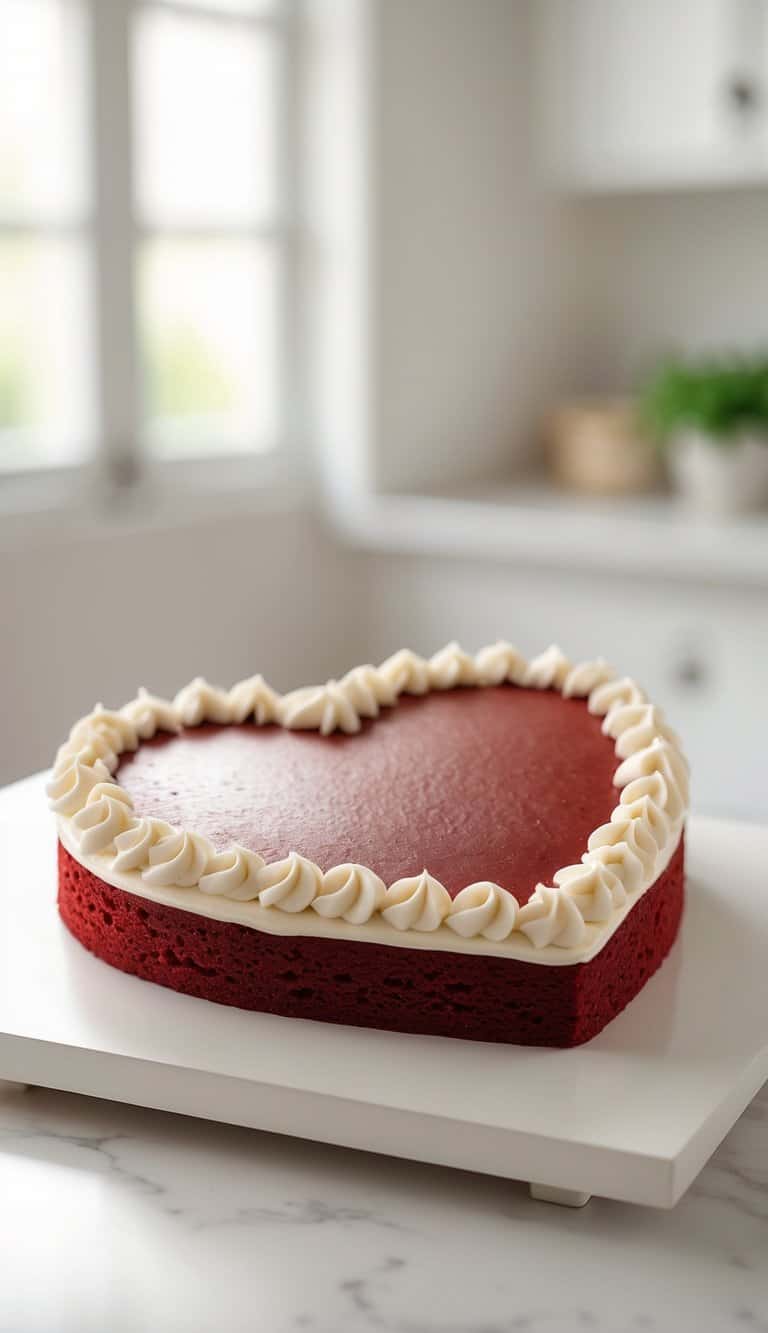 A heart-shaped red velvet cake with smooth cream cheese frosting piped along the edges sits on a white cake stand in a bright kitchen.
