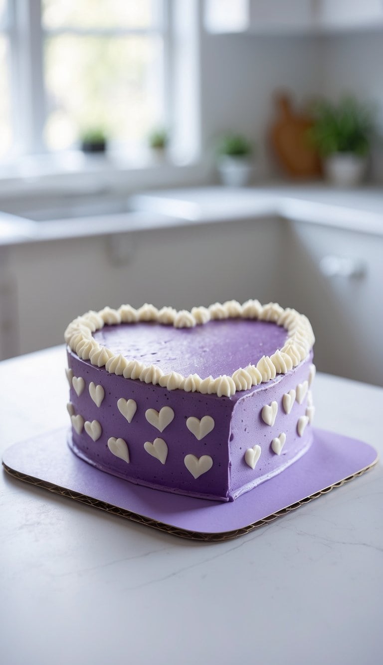 A heart-shaped cake with purple frosting, decorated with white icing hearts and a border of white icing along the top edge, sits on a purple cake board in a bright kitchen.