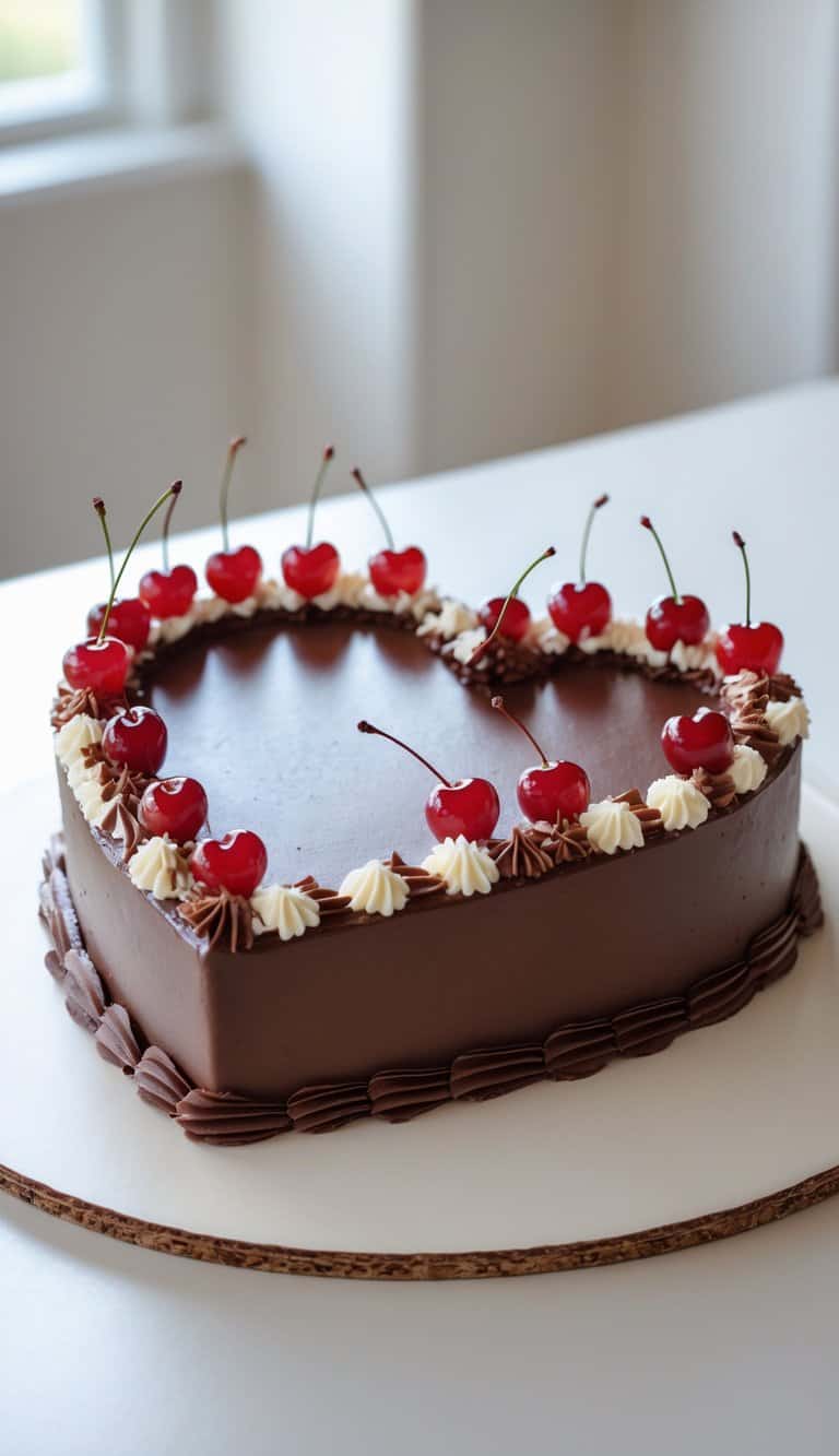 A heart-shaped chocolate cake decorated with swirls of white and chocolate frosting and topped with whole cherries, placed on a round board on a white table near a window.