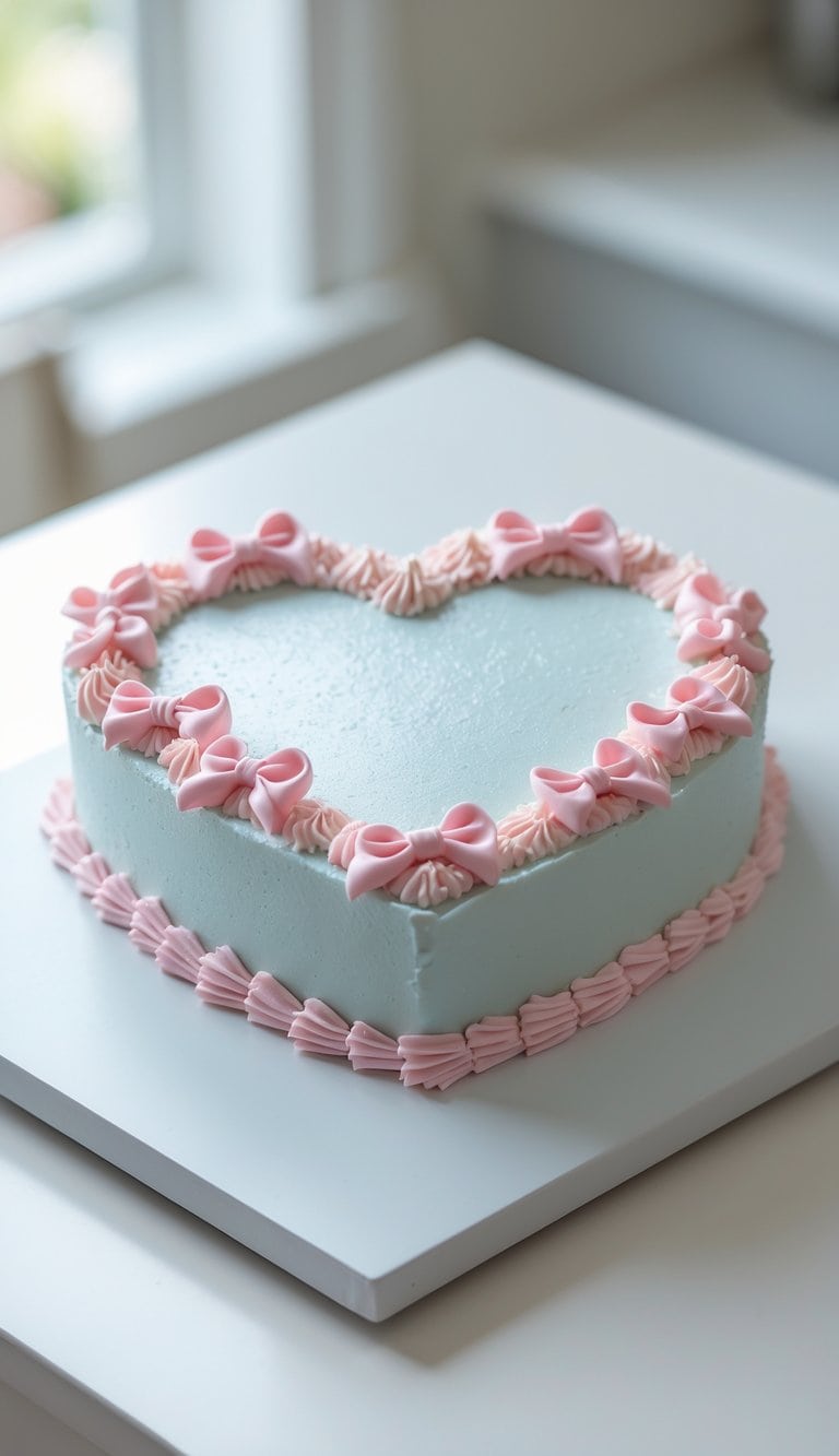 A heart-shaped cake with smooth light blue icing, decorated with pink frosting bows and piped details, sits on a white square board in a sunlit room.