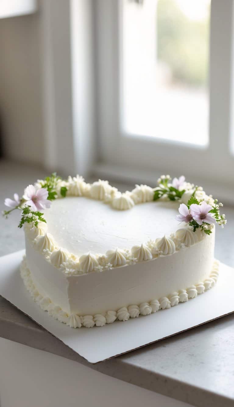 A heart-shaped cake with smooth white frosting, decorated with piped icing, small white flowers, and light pink blossoms with green leaves, sitting on a white board near a sunlit window.