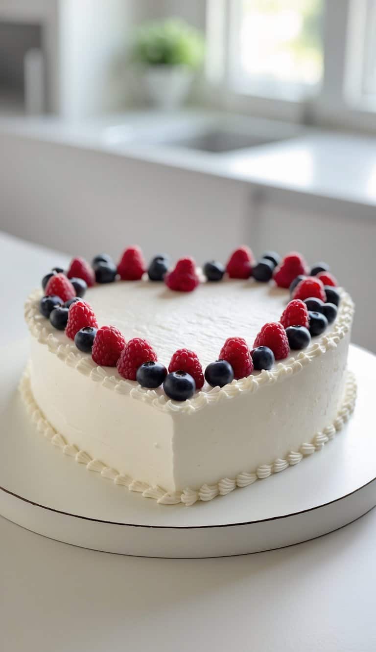 A heart-shaped cake with white frosting, decorated with raspberries and blueberries around the edge, sits on a white cake board in a bright kitchen.