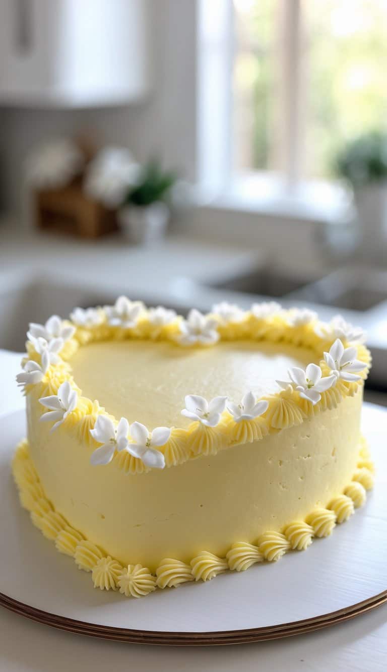 A heart-shaped yellow cake decorated with piped yellow frosting and white flower-shaped icing, placed on a white surface in a bright kitchen.
