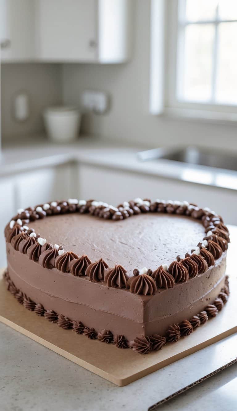 A heart-shaped chocolate cake with smooth frosting and piped decorative swirls sits on a wooden board in a bright, modern kitchen.