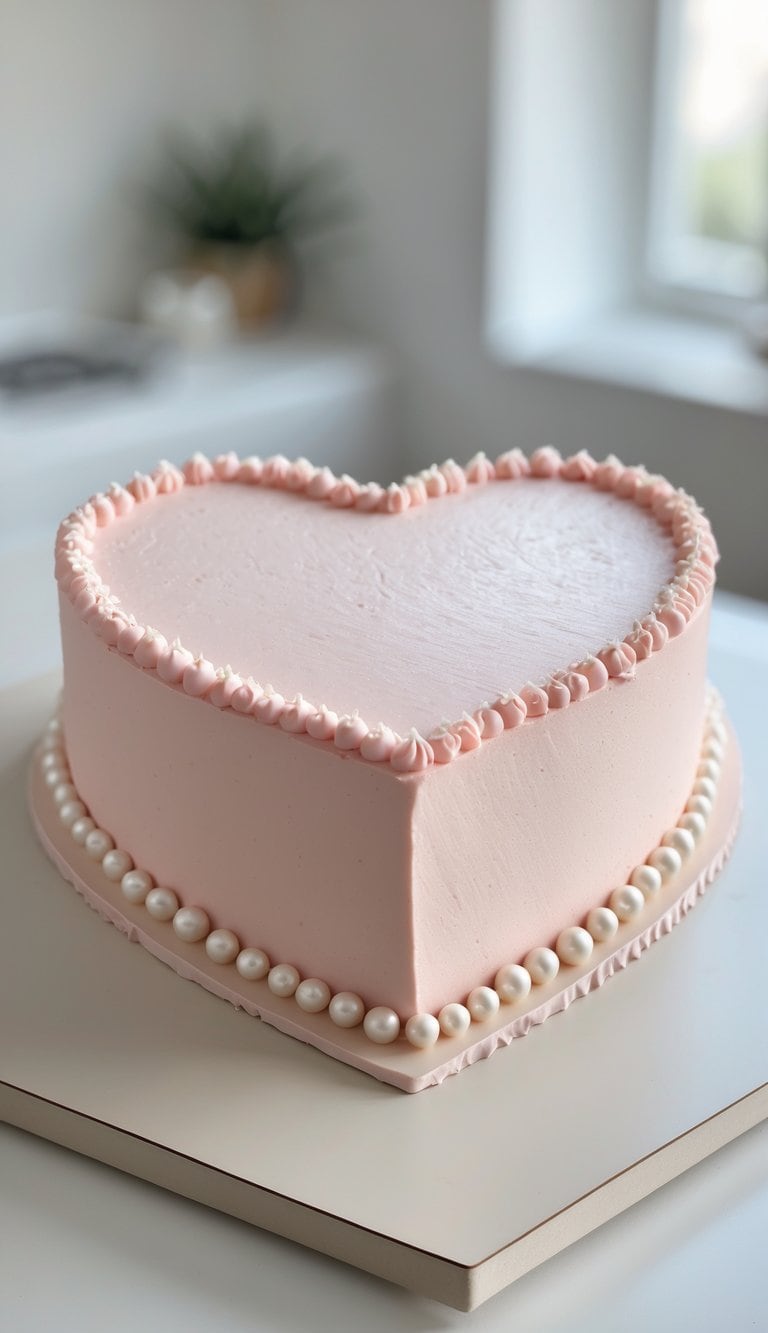 A heart-shaped cake with smooth pink frosting, piped borders, and a row of white pearl decorations along the base, displayed on a light-colored surface in a bright room.