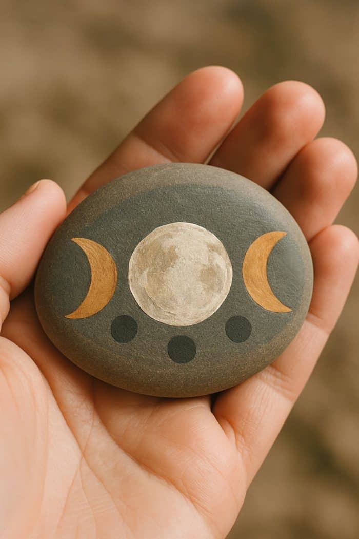 A hand holds a smooth oval stone painted with the phases of the moon: a full moon in the center, gold crescent moons on each side, and three dark circles below. The background is softly blurred.