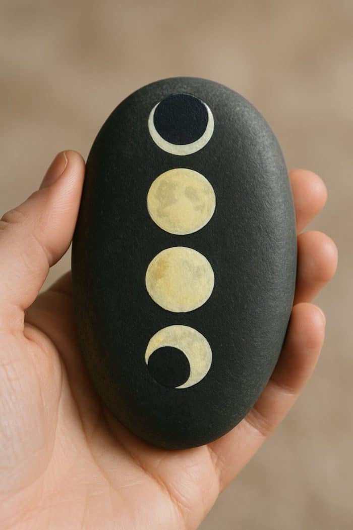A hand holds a smooth black stone painted with four phases of the moon: new moon, first quarter, full moon, and last quarter, arranged vertically.