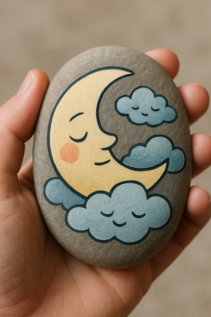 A hand holds a smooth stone painted with a smiling yellow crescent moon and three blue, sleepy clouds, all with closed eyes and rosy cheeks, against a neutral background.