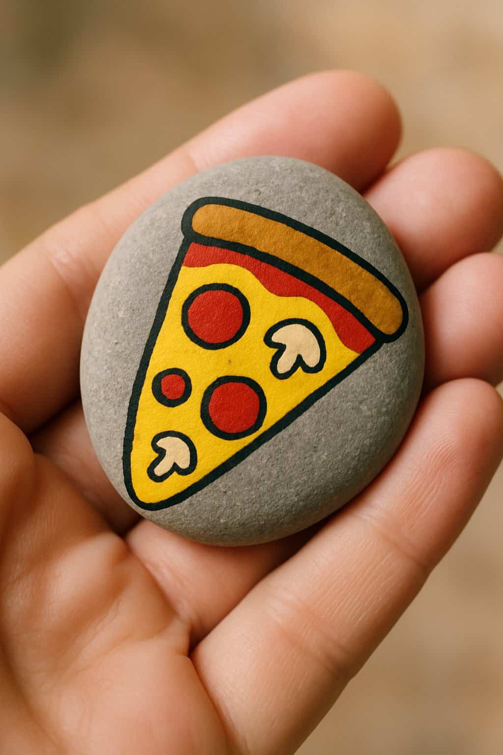 A hand holds a smooth gray stone painted with a colorful cartoon image of a pizza slice topped with pepperoni and mushrooms.
