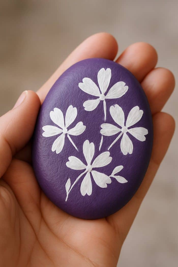 A hand holds a smooth, purple-painted stone decorated with white, hand-painted flowers featuring five petals each. The background is softly blurred.