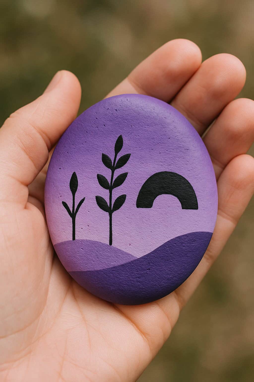 A hand holds a smooth, round stone painted with a purple gradient, featuring minimalist black silhouettes of two plants and an arch shape against a soft, hilly landscape.