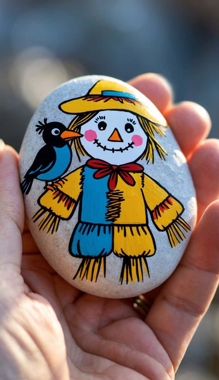 A hand holds a smooth stone painted with a cheerful scarecrow wearing a yellow hat, red bow, and colorful clothes, with a smiling black bird perched on its arm.